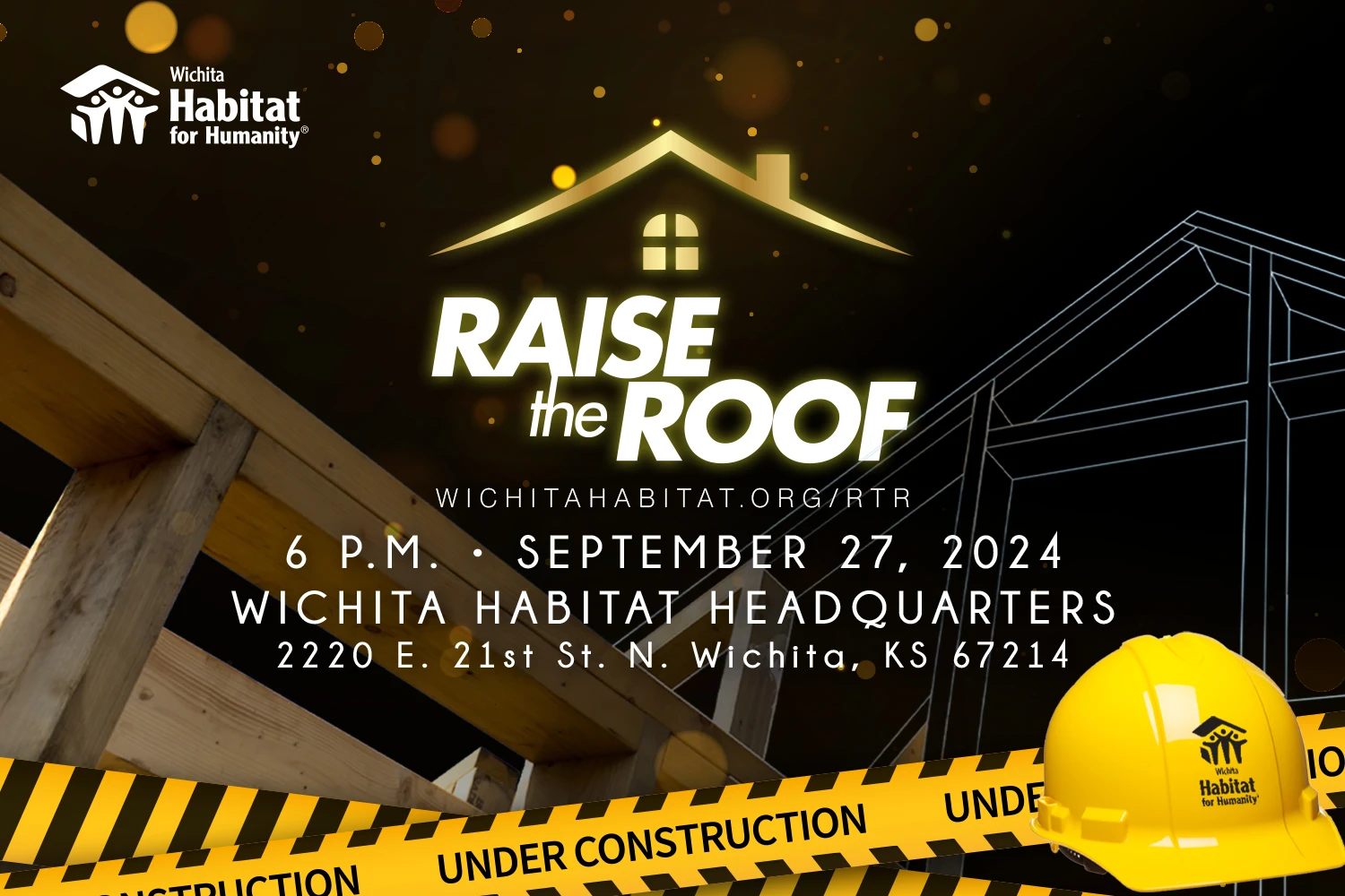 Raise the Roof event banner. Includes time, date, and location.