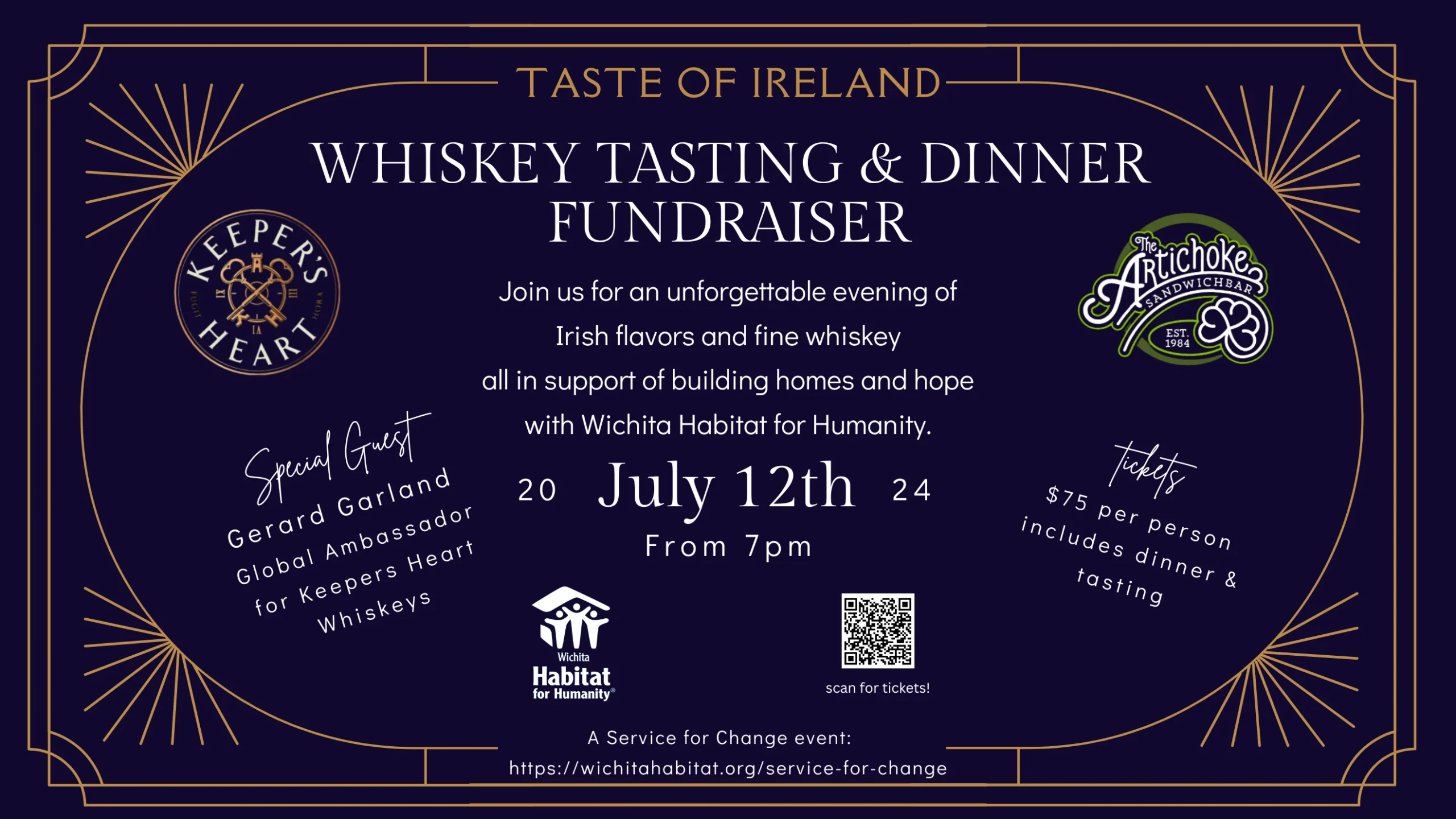 Taste of Ireland Whiskey Tasting & Dinner Fundraiser event flyer. Includes event details.