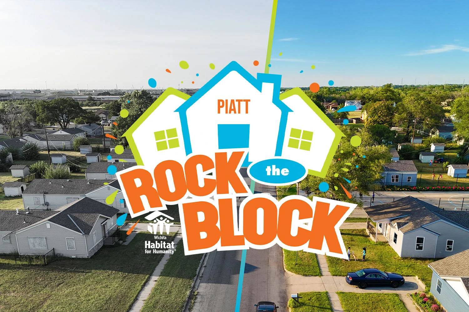 An aerial view of the Rock the Block Piatt neighborhood with Rock the Block logo.