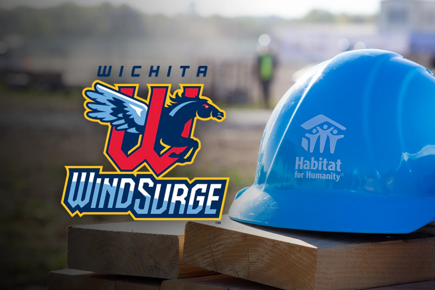 A blue construction hat placed on two wooden studs with the Wichita Wind Surge logo.